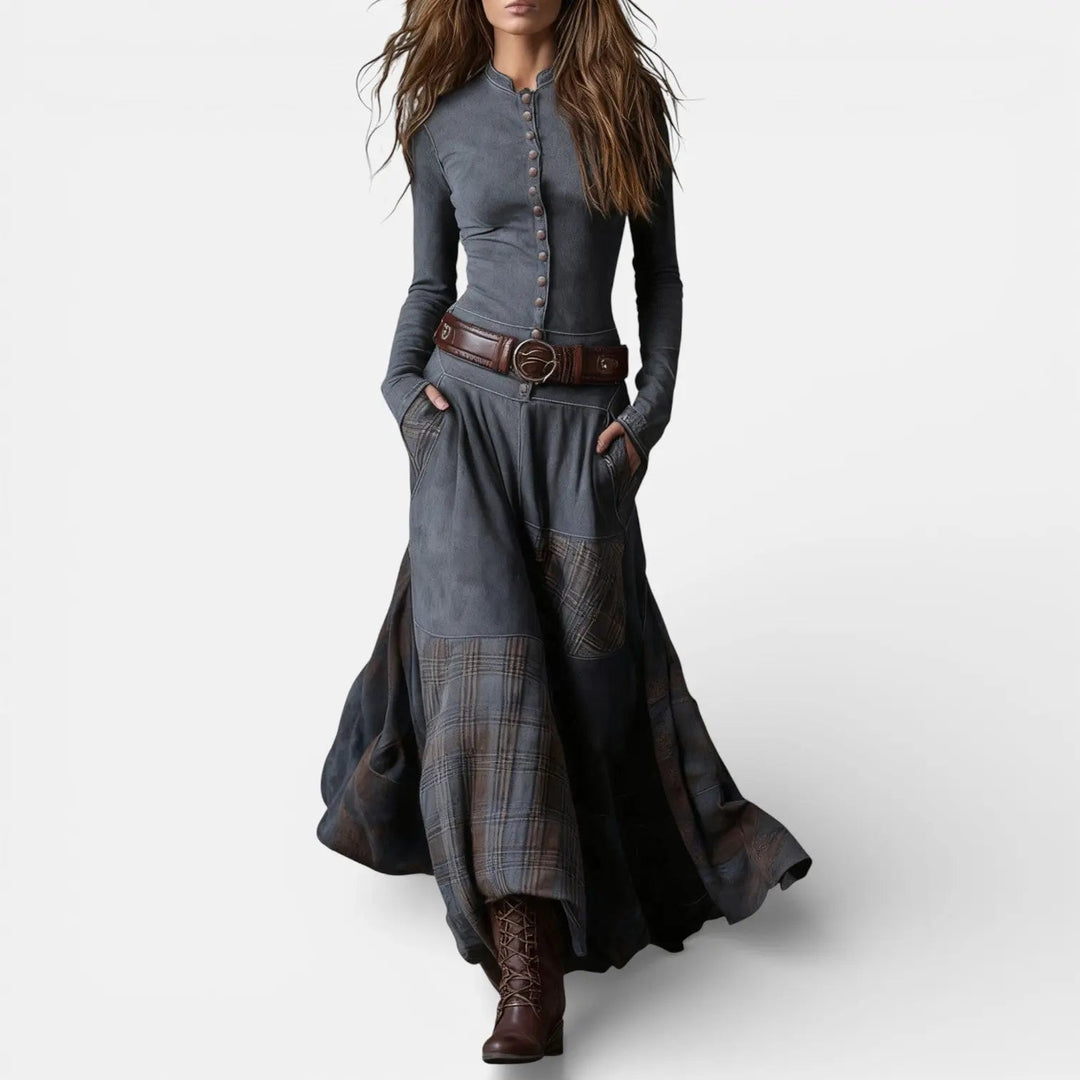 Leonora | Vintage Long Dress in Navy Blue Suede Check (Includes Belt)